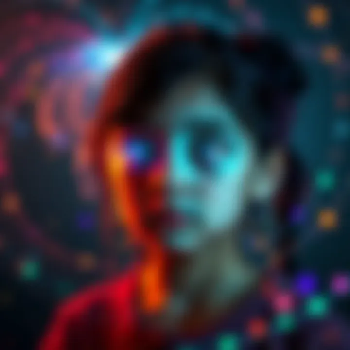 A young girl with glowing eyes, surrounded by swirling colorful lights, suggests her evolving mental powers.