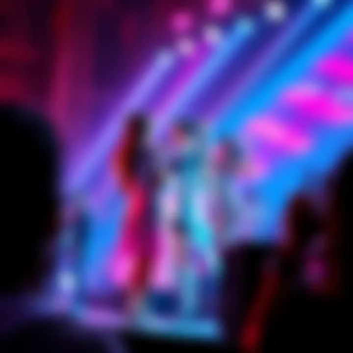 Anya stands on stage with Hatsune Miku, the virtual singer, surrounded by excited fans. The crowd cheers as colorful lights shine down on them.