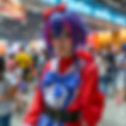 A person wearing Aoba Seragaki cosplay, showcasing detailed costume and vibrant colors at a convention, surrounded by other attendees.