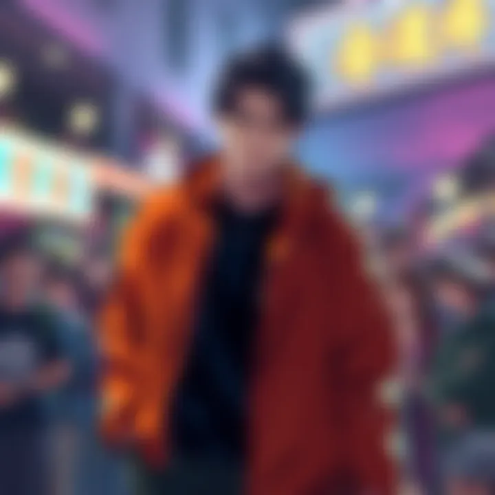 Aomine stands in a dramatic pose, his expression focused and intense while the background features a crowd of surprised onlookers. His outfit is colorful and striking, drawing attention to his fresh look.