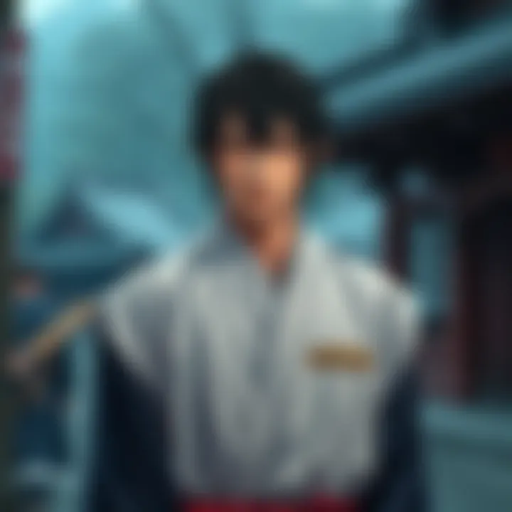 Aoshi standing alone, looking serious and contemplative, with a blurred background of the final act scene