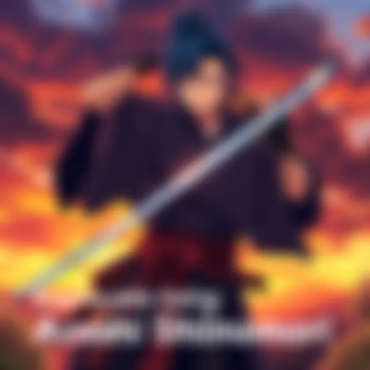 Aoshi Shinomori stands confidently with his sword drawn, showcasing his distinct blue hair and traditional samurai attire, set against a backdrop of a dramatic sunset