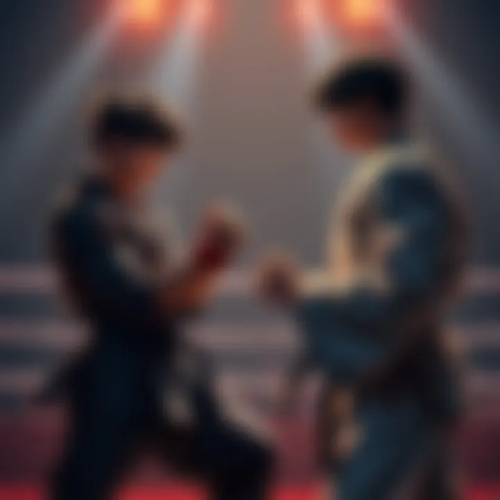 Aoshi stands ready with a defensive stance while Saito analyzes his opponent, both in a martial arts ring preparing for a showdown.