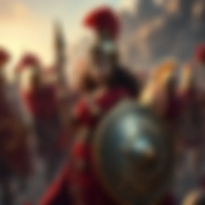 Aphrodite Areia depicted in battle armor, holding a shield and spear, symbolizing her warrior aspect, surrounded by Spartan warriors
