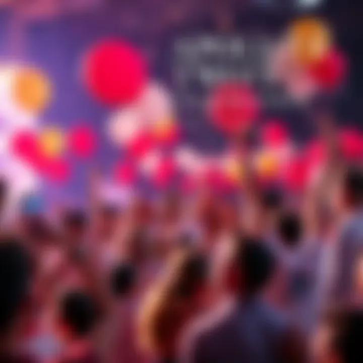 Apollo's Two-Year Celebration A festive gathering with people celebrating Apollo's victory, holding balloons and banners in a joyful atmosphere.