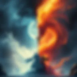 Apostle and Moonschored Concept Art A split scene showing a radiant figure representing an apostle on one side, and a chaotic, swirling vortex symbolizing the moonschored fate on the other side.