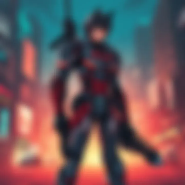 A futuristic warrior with a sleek outfit and advanced weaponry, standing in a cyberpunk city, showcasing bold animation style.