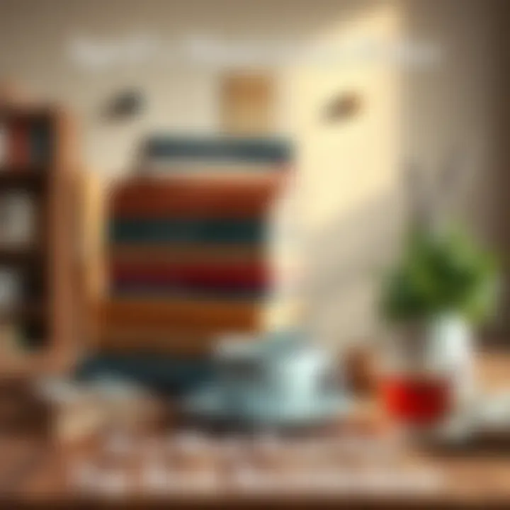 A stack of diverse books on a wooden table surrounded by a cup of tea and a small plant, creating a cozy reading atmosphere.