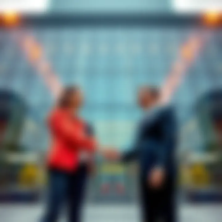 Two business leaders shaking hands in front of a company building, symbolizing a major acquisition.