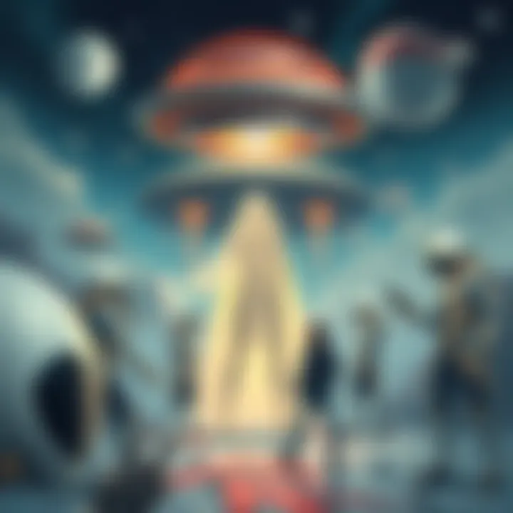 Illustration of Araki's art featuring a UFO figure resembling Ashtar Sheran, surrounded by Nordic alien motifs and modern memes