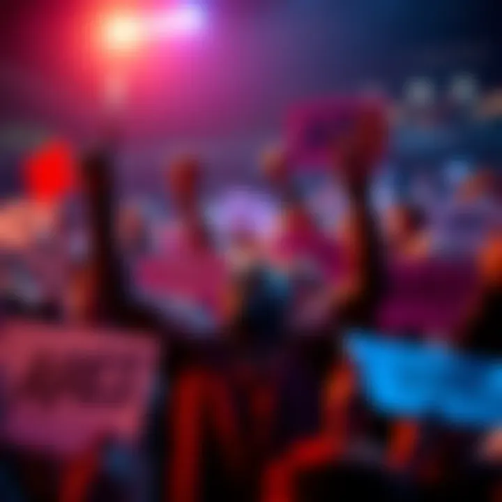 Ares Celebrated by Fans A group of fans cheering and holding signs for Ares in a vibrant setting, showcasing their support and excitement.