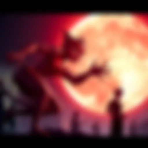 Argos from Miraculous Ladybug conjures the Red Moon sentimonster, casting a glowing light over a scene, with shadows of people disappearing under its rays.