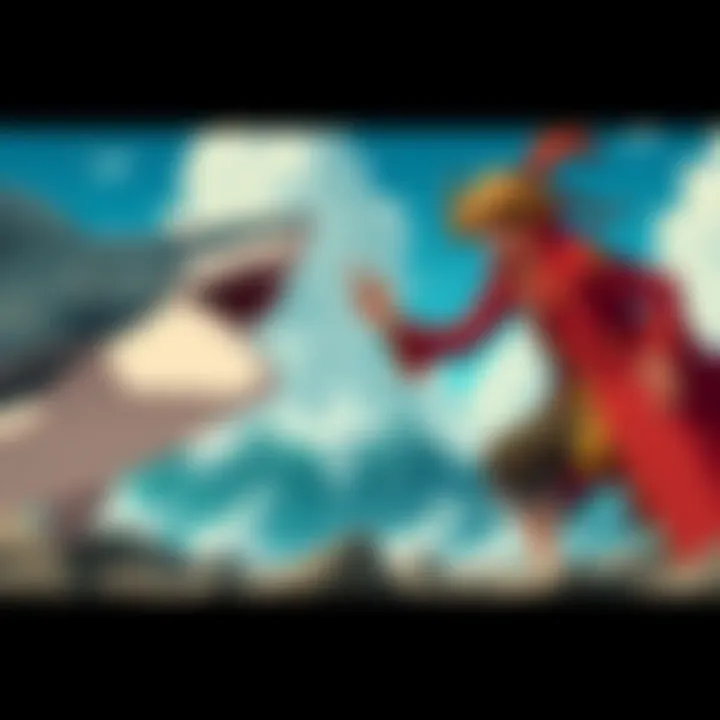 A battle scene showing Arlong, a shark-like character, confronting Shanks, a tall pirate with a red coat and a straw hat, on a rocky shore with crashing waves.