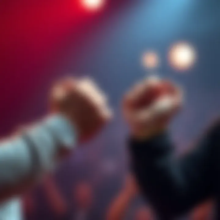 Arm Wrestling Match Two competitors gripping each other's hands in an intense arm wrestling match, showcasing their strength and focus.