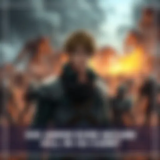 Armin stands with a determined expression, planning his next move in front of a battlefield filled with Titans, showcasing his strategic mindset.