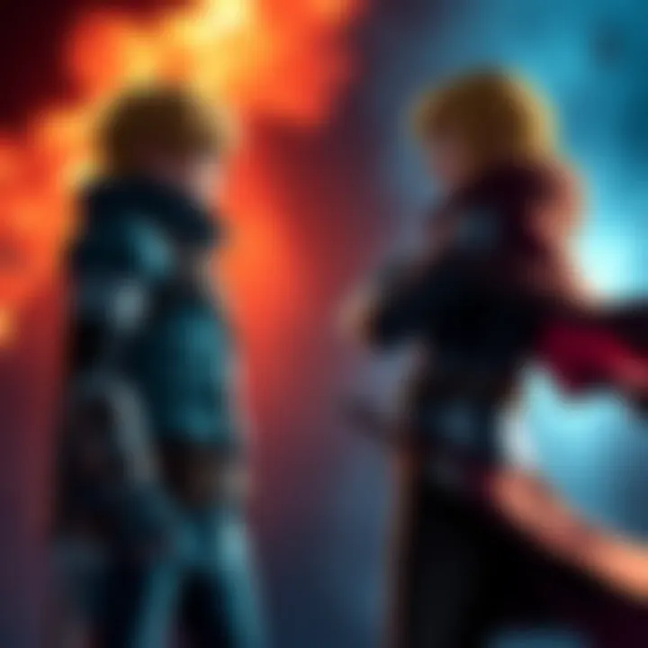 Armin and Floch stand in a dramatic pose, ready for a showdown, representing their strengths and weaknesses in a competitive battle.