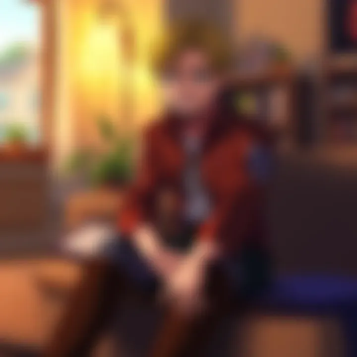 Armin, a character from Attack on Titan, is relaxingly seated in a comfortable living room with a warm atmosphere, showcasing his calm demeanor and friendly smile.