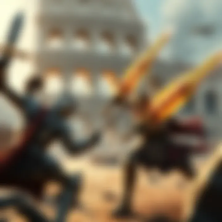 A fierce duel scene featuring Armor Hunter Mellowlink fighting with dazzling weapons amidst the ruins of the Colosseum, showcasing intense action and strategy.