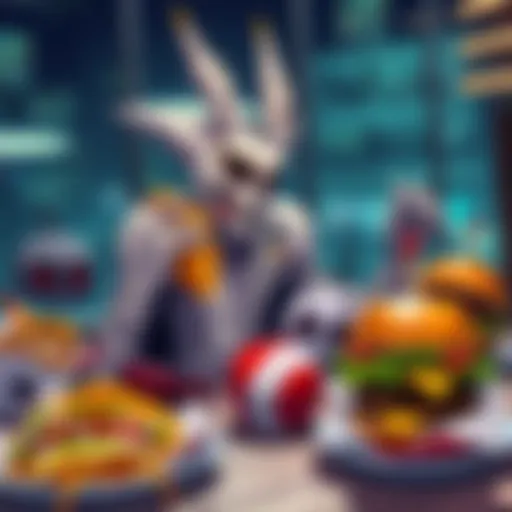 An Arrancar character sitting at a table filled with hollow-themed tacos and burgers, looking amused while taking a bite from a taco.