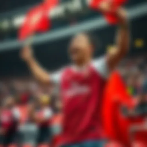 A passionate Arsenal supporter wearing a jersey, waving a flag, and cheering at a match.