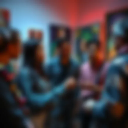 A group of art lovers engaged in a lively discussion about a unique art style, sharing opinions and insights.