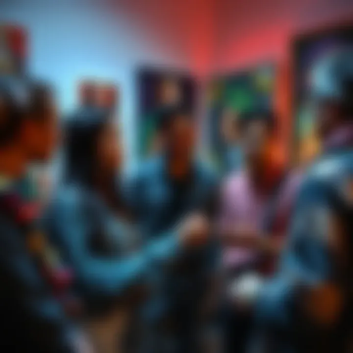 Art enthusiasts discussing unique styles A group of art lovers engaged in a lively discussion about a unique art style, sharing opinions and insights.