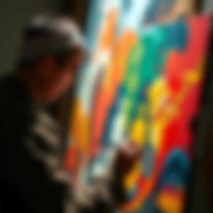An artist painting on a canvas that combines traditional styles with modern techniques