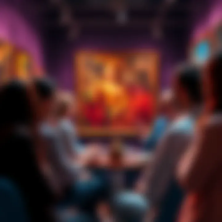 A group of people discussing colored scans of artworks, expressing different opinions