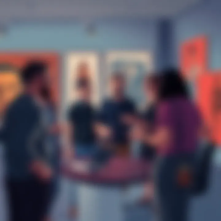 A group of artists discussing a bold design with mixed expressions in a gallery setting