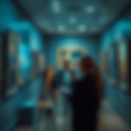 An artist reflecting on different styles and techniques in a gallery, showcasing a timeline of art transformation.
