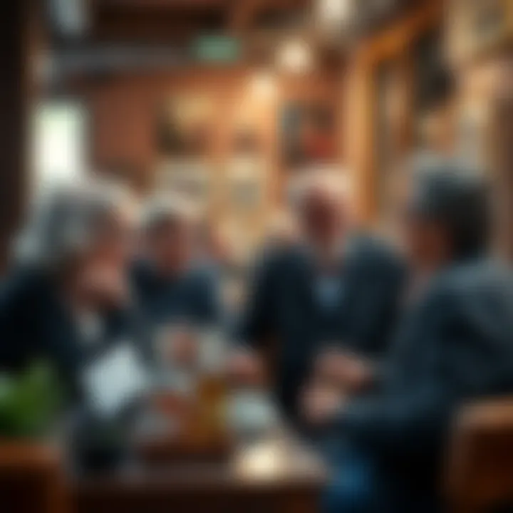 A group of older art enthusiasts discussing artistic content in a cozy café setting