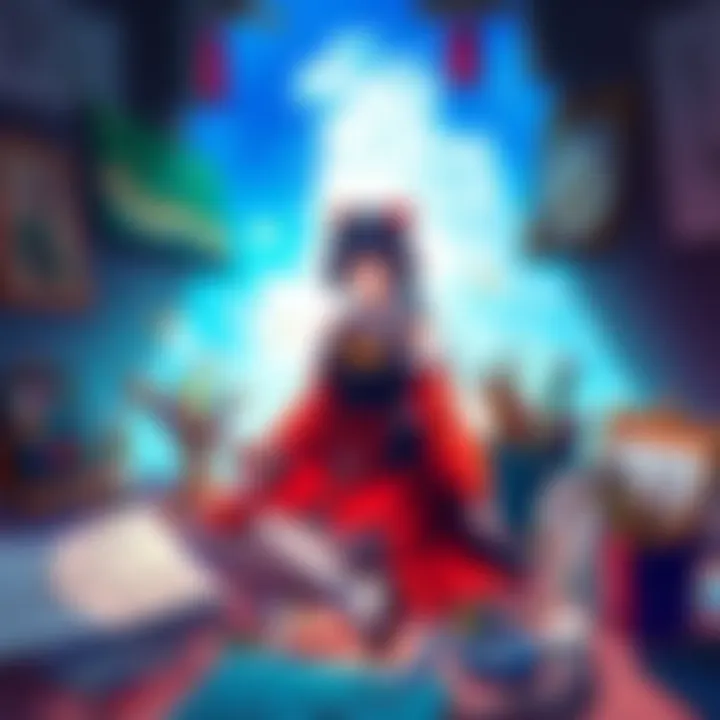 An artist showcasing their drawings inspired by Touhou characters, surrounded by sketches and art supplies.