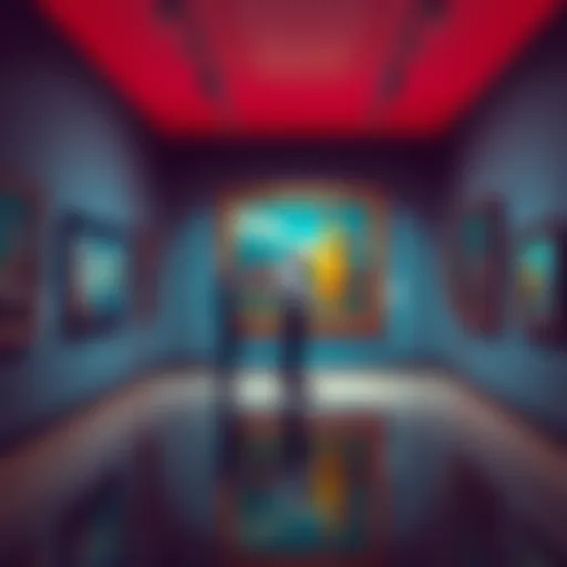 A person standing in a gallery, looking thoughtfully at a painting that resembles familiar objects and shapes.