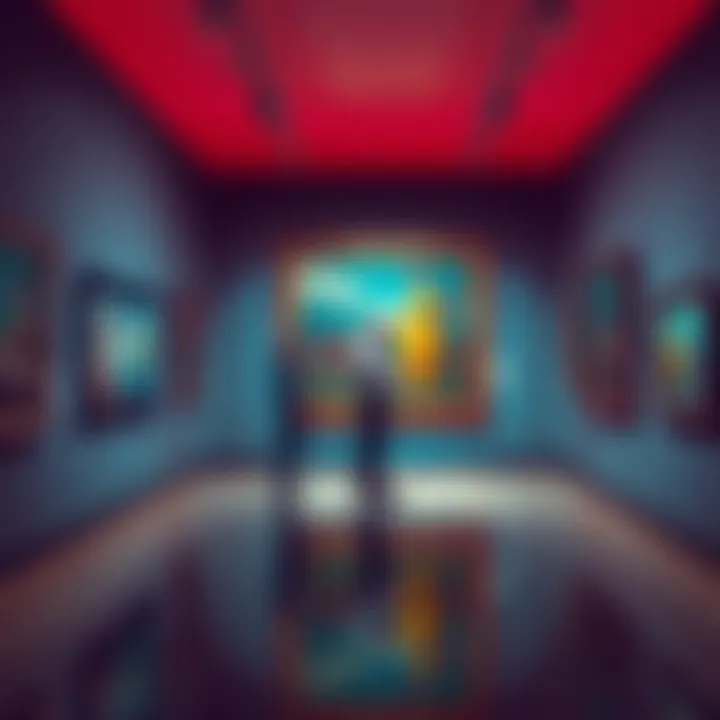 A person standing in a gallery, looking thoughtfully at a painting that resembles familiar objects and shapes.