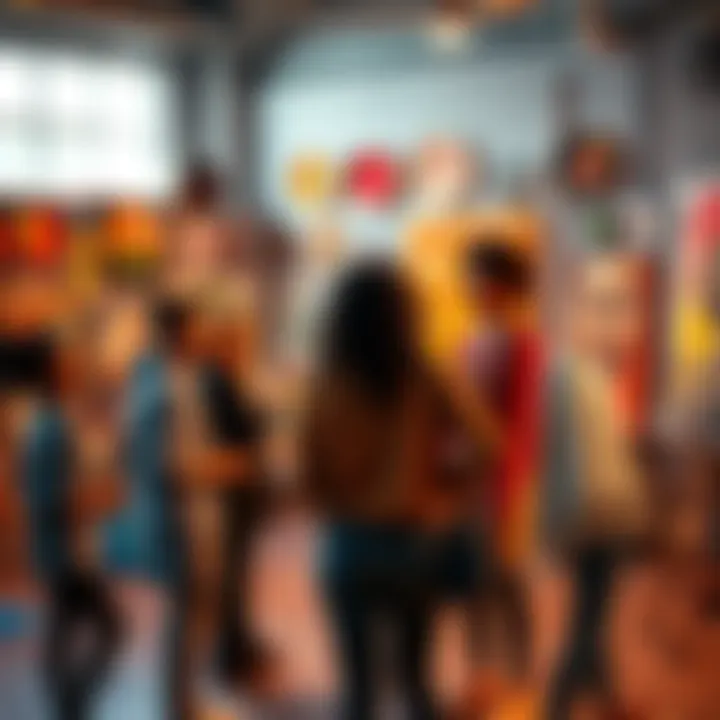 A group of diverse artists engaged in various art projects, discussing ideas and creating innovative works in a vibrant studio setting.