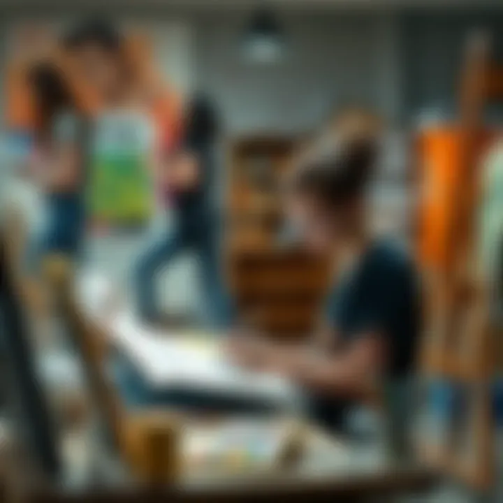 An art student practices quick sketch techniques in a lively studio at NYAA, focusing on a still life arrangement.