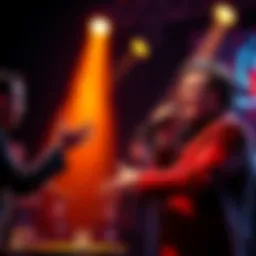 Arthur Watts humorously roasting Mercury Black during a live event, with a spotlight highlighting the interaction.