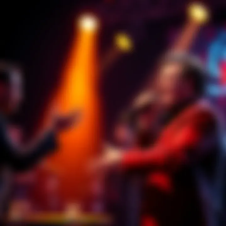 Arthur Watts humorously roasting Mercury Black during a live event, with a spotlight highlighting the interaction.