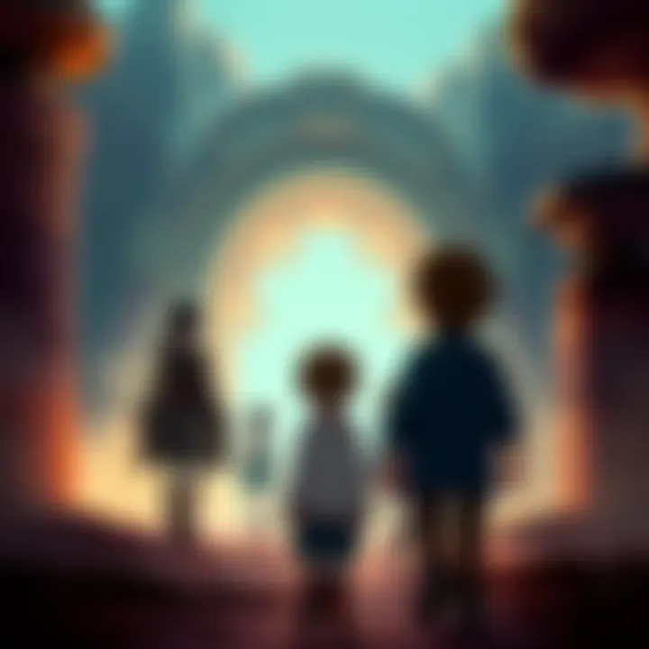 Arthur looks confused and alone while his parents walk away towards a portal, leaving him behind. Three younger siblings can be seen in the background.