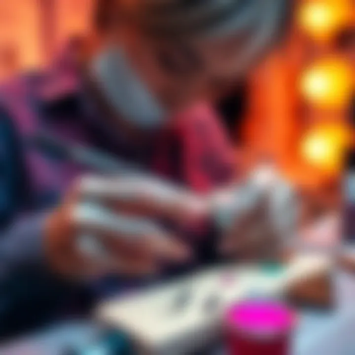 Nail artist carefully painting a second set of HxH nails, focusing on detail and design