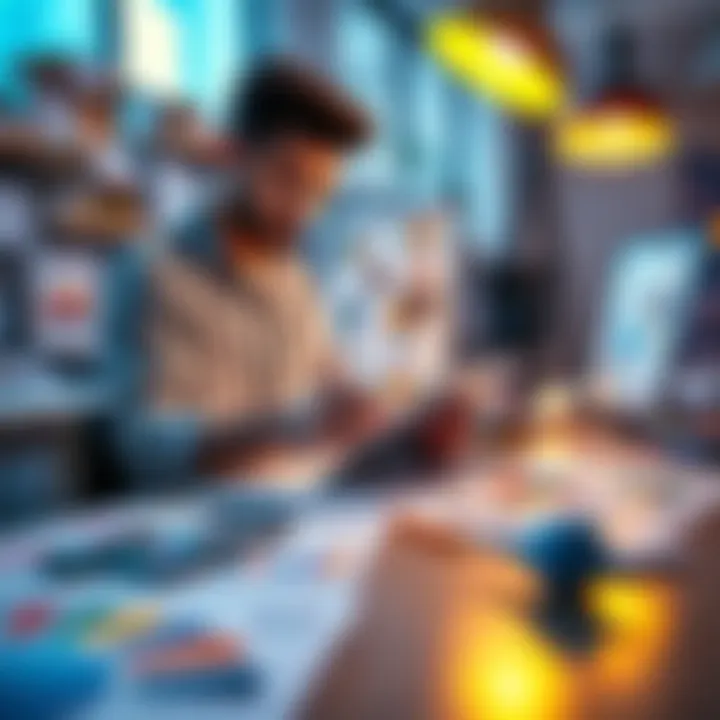 An artist creating digital art on a tablet, surrounded by colorful graphics and marketing materials on a bright desk.