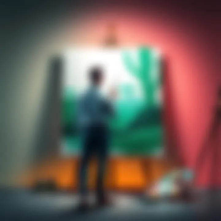 An artist stands in front of a canvas, contemplating between regular and green hues for the final piece, with paintbrushes and a palette nearby.