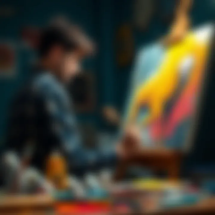 An artist focused on creating a cibo painting on a canvas, surrounded by art supplies and colorful paints.