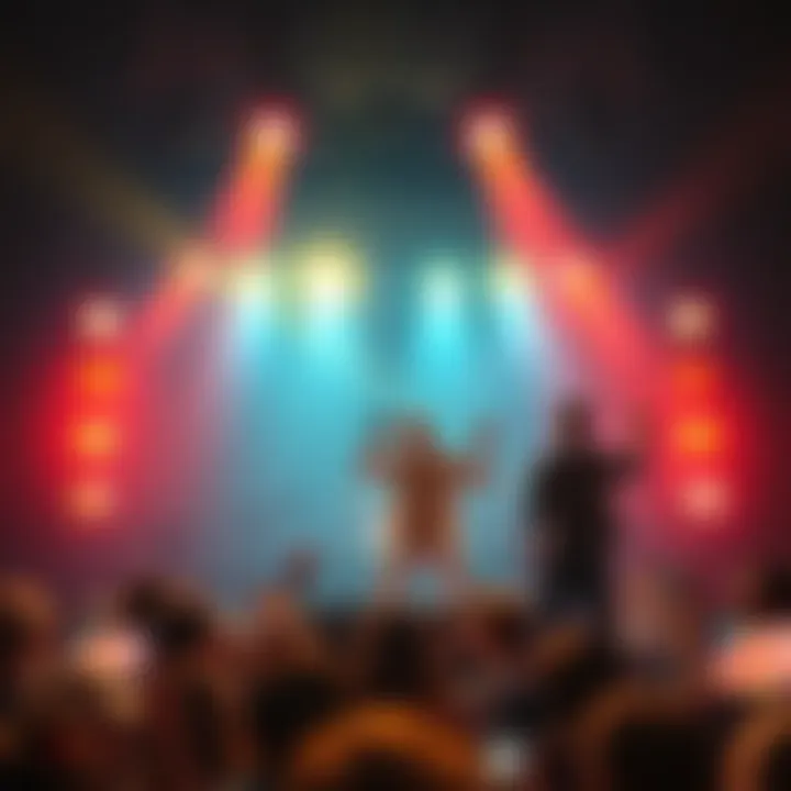 An artist performing on stage with bright lights and an engaged audience