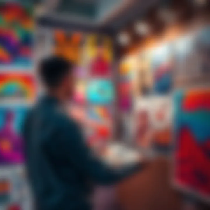 Artist showcasing posters An artist displays various colorful posters on a wall, inviting viewers to explore their creative work.