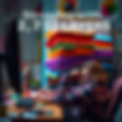 An artist struggles to manage a project with many colorful layers on their digital screen, showcasing a mix of creativity and humor
