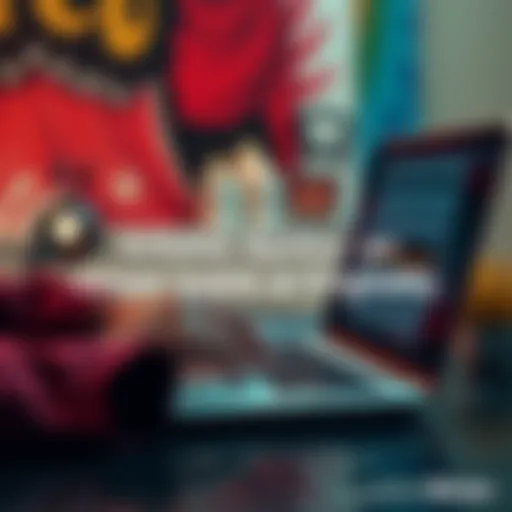 Person typing an apology on a laptop with an artistic background