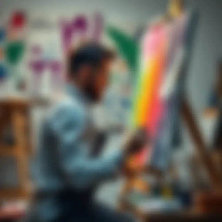 An artist painting at a canvas, surrounded by colorful paints and brushes, reflecting on their creative journey.
