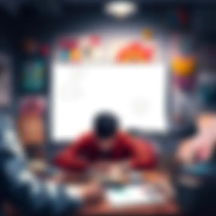 An artist surrounded by sketches and art supplies, brainstorming dialogue ideas for fanart, with colorful artwork seen in the background