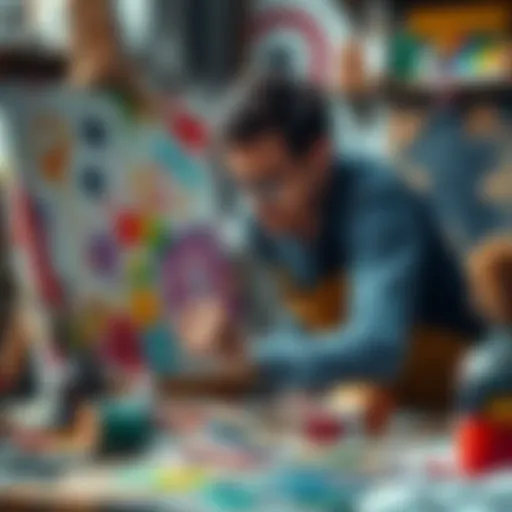 An artist painting on a canvas, surrounded by colorful paint and tools, illustrating the process of artistic expression and free will.